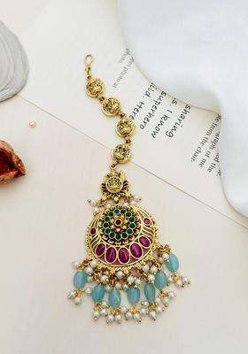 Gold-Plated Stone Studded and Beaded Temple Maang Tikka for Women | Traditional Temple Jewellery for Wedding & Festive Wear | Gift for Her