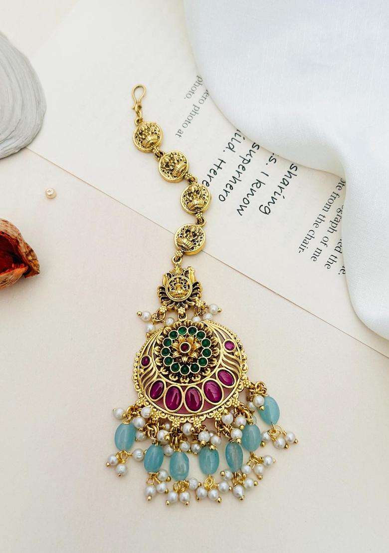 Gold-Plated Stone Studded and Beaded Temple Maang Tikka for Women | Traditional Temple Jewellery for Wedding & Festive Wear | Gift for Her - Indya
