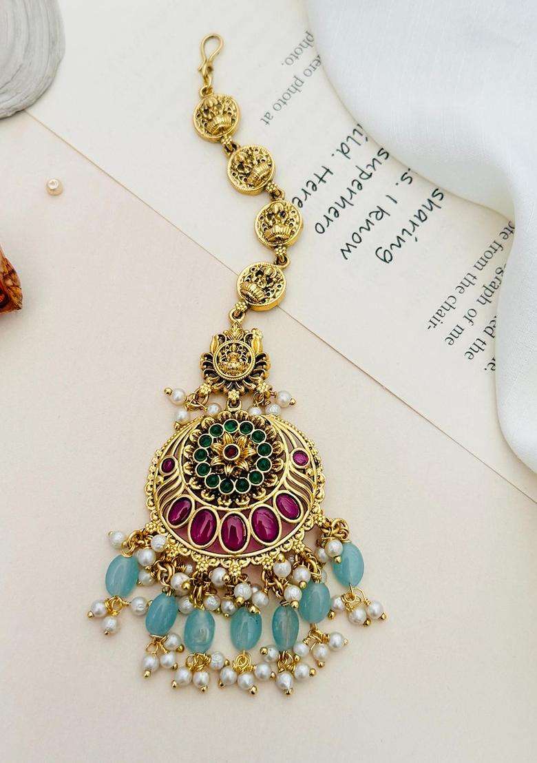 Gold-Plated Stone Studded and Beaded Temple Maang Tikka for Women | Traditional Temple Jewellery for Wedding & Festive Wear | Gift for Her - Indya