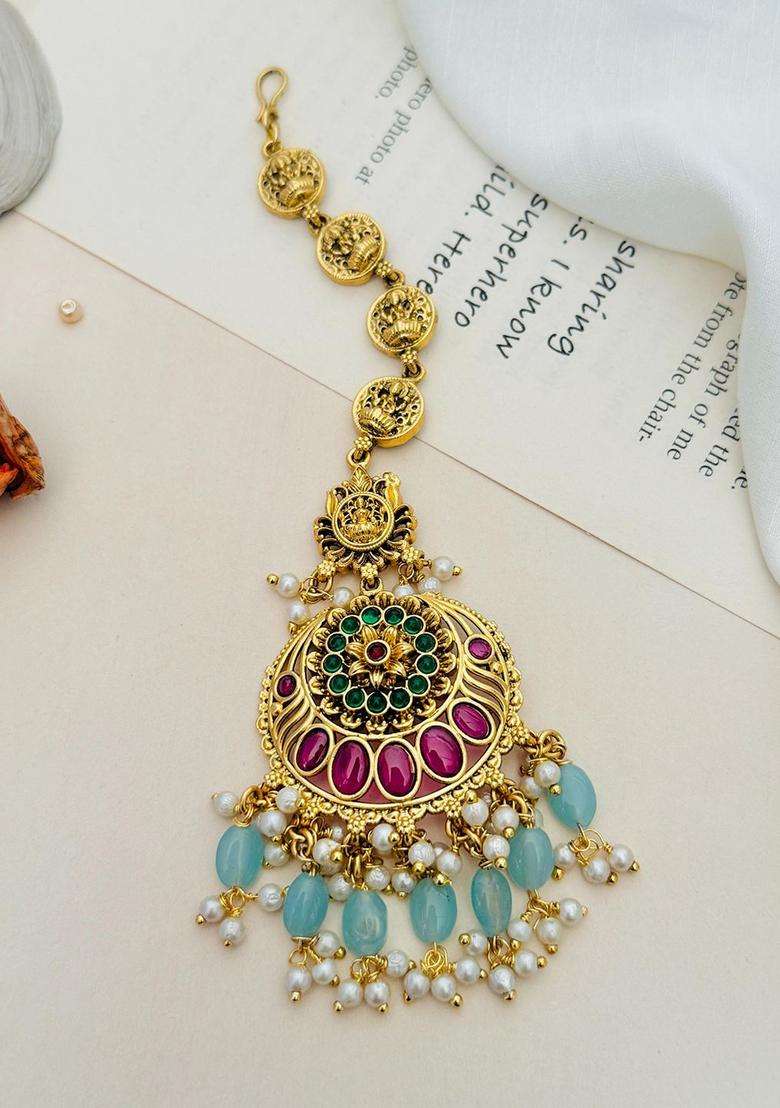 Gold-Plated Stone Studded and Beaded Temple Maang Tikka for Women | Traditional Temple Jewellery for Wedding & Festive Wear | Gift for Her - Indya