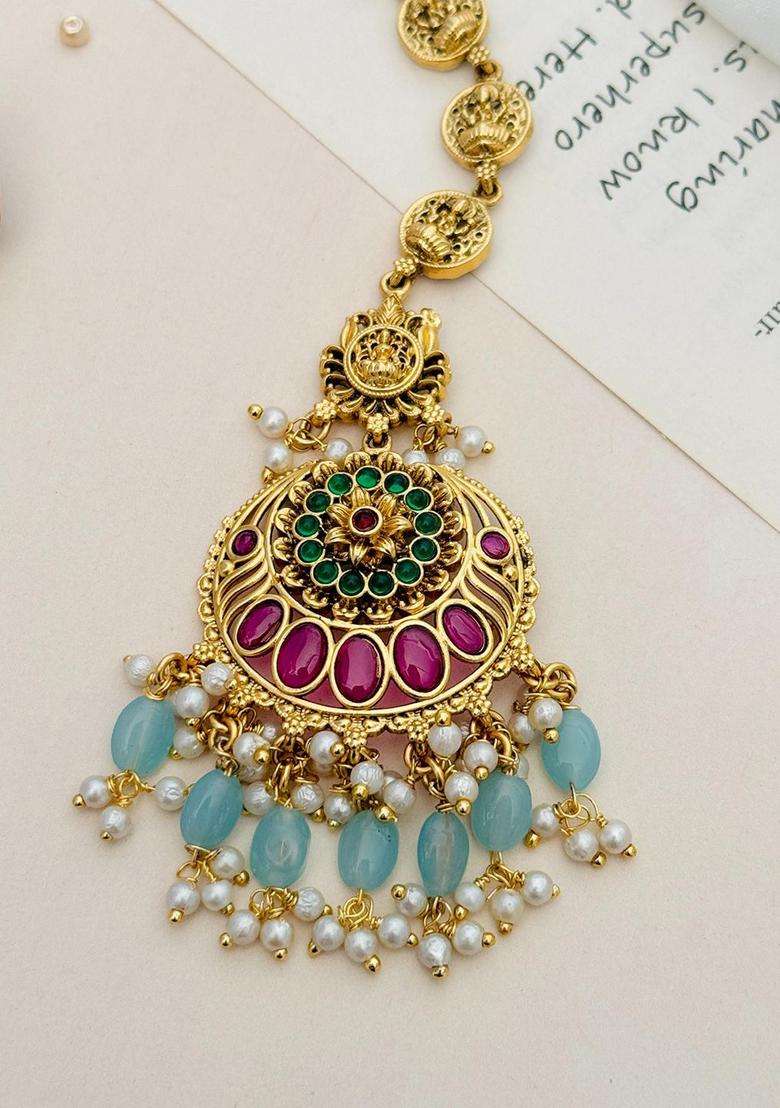 Gold-Plated Stone Studded and Beaded Temple Maang Tikka for Women | Traditional Temple Jewellery for Wedding & Festive Wear | Gift for Her - Indya