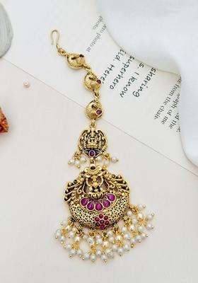 Gold-Plated Stone Studded and Beaded Temple Maang Tikka for Women | Traditional Temple Jewellery for Wedding & Festive Wear | Gift for Her