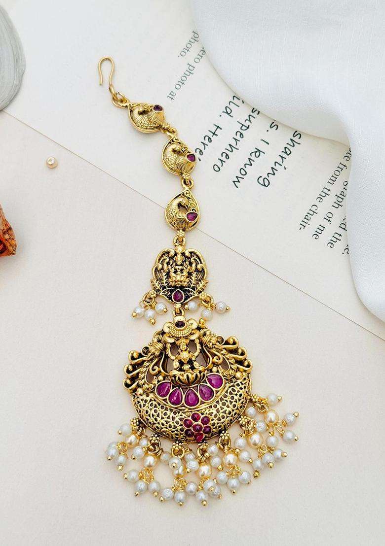 Gold-Plated Stone Studded and Beaded Temple Maang Tikka for Women | Traditional Temple Jewellery for Wedding & Festive Wear | Gift for Her - Indya