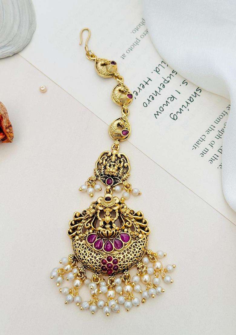 Gold-Plated Stone Studded and Beaded Temple Maang Tikka for Women | Traditional Temple Jewellery for Wedding & Festive Wear | Gift for Her - Indya