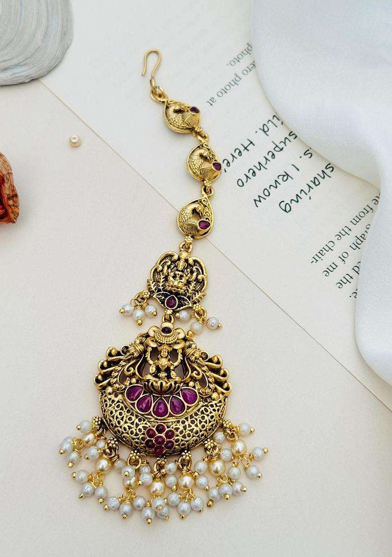 Gold-Plated Stone Studded and Beaded Temple Maang Tikka for Women | Traditional Temple Jewellery for Wedding & Festive Wear | Gift for Her - Indya