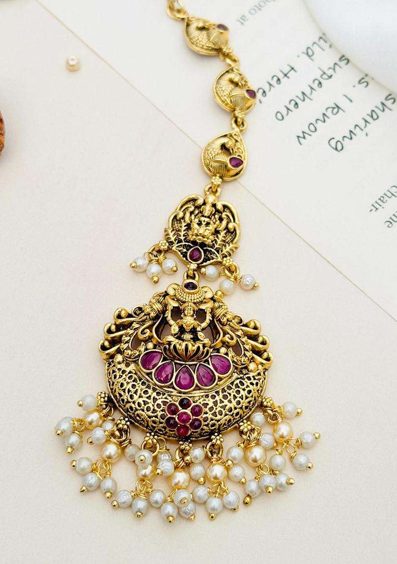 Gold-Plated Stone Studded and Beaded Temple Maang Tikka for Women | Traditional Temple Jewellery for Wedding & Festive Wear | Gift for Her - Indya