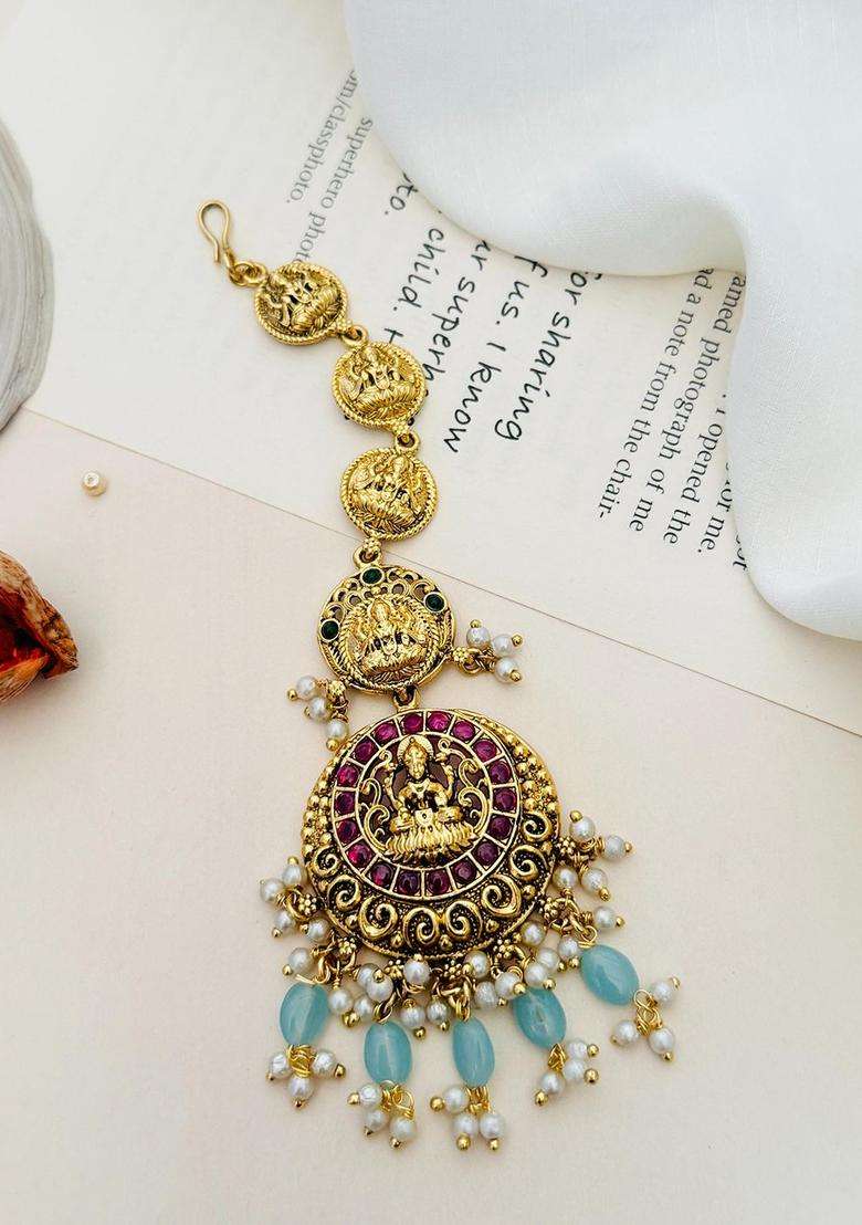 Gold-Plated Stone Studded and Beaded Temple Maang Tikka for Women | Traditional Temple Jewellery for Wedding & Festive Wear | Gift for Her - Indya