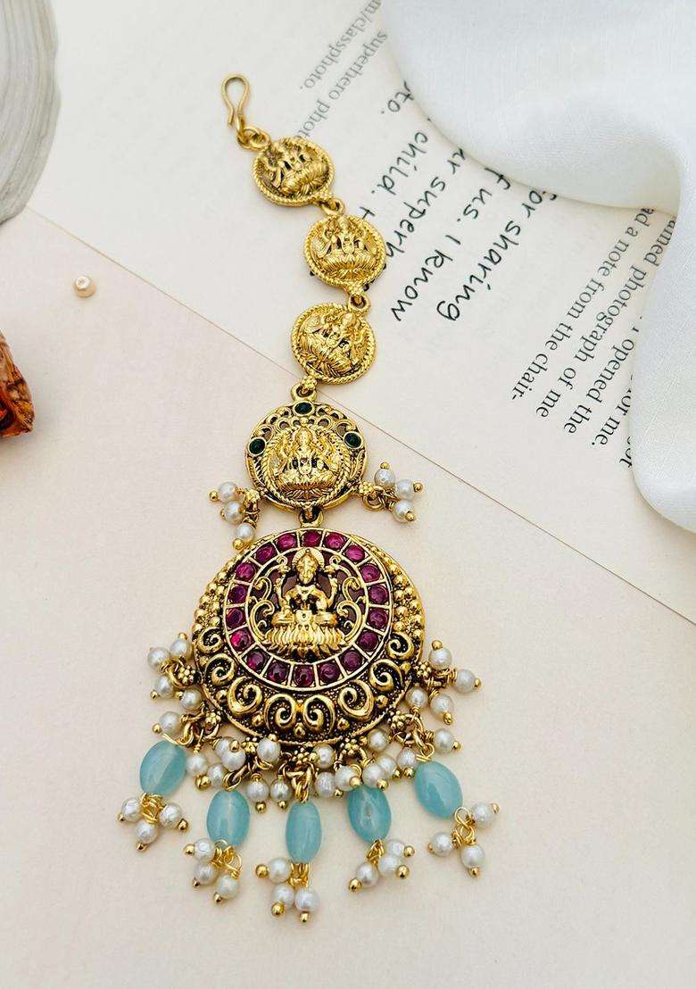 Gold-Plated Stone Studded and Beaded Temple Maang Tikka for Women | Traditional Temple Jewellery for Wedding & Festive Wear | Gift for Her - Indya