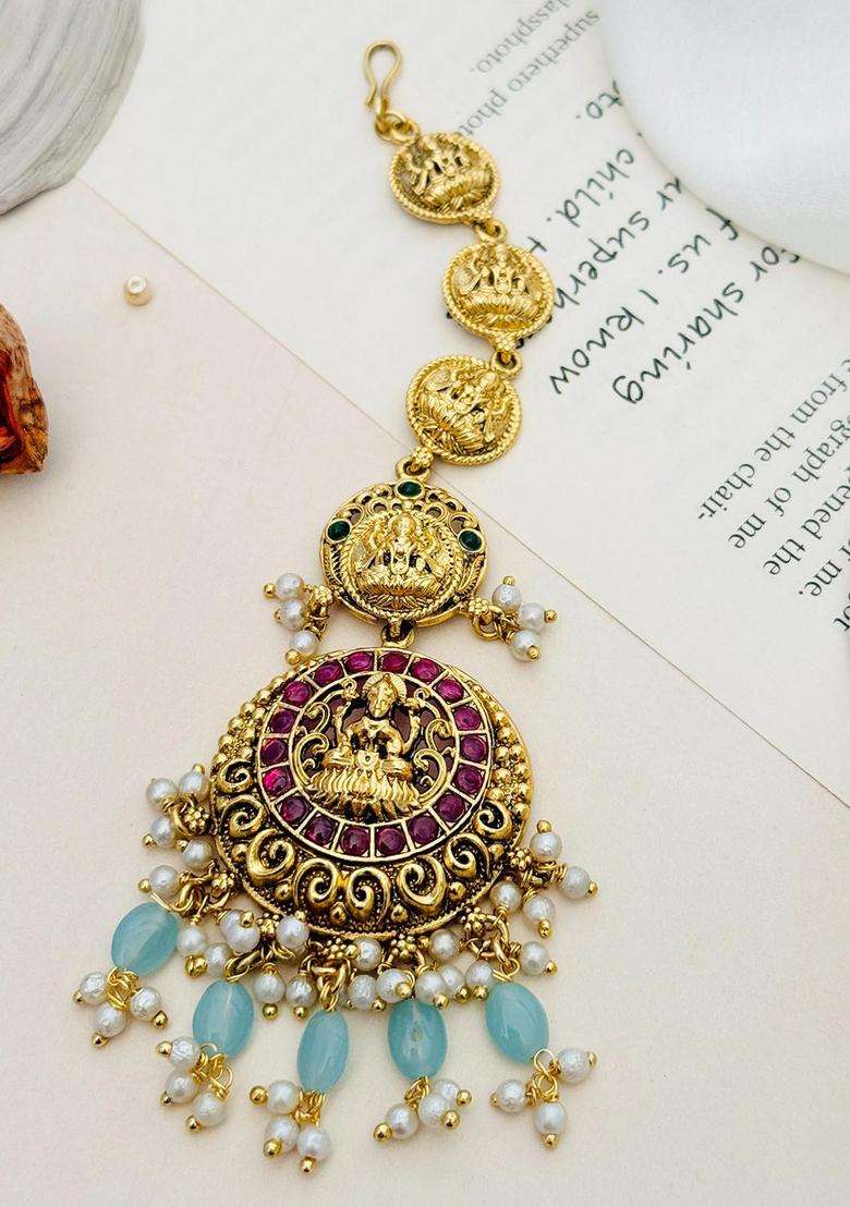 Gold-Plated Stone Studded and Beaded Temple Maang Tikka for Women | Traditional Temple Jewellery for Wedding & Festive Wear | Gift for Her - Indya
