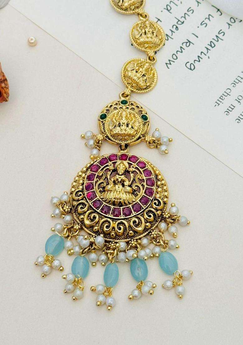 Gold-Plated Stone Studded and Beaded Temple Maang Tikka for Women | Traditional Temple Jewellery for Wedding & Festive Wear | Gift for Her - Indya
