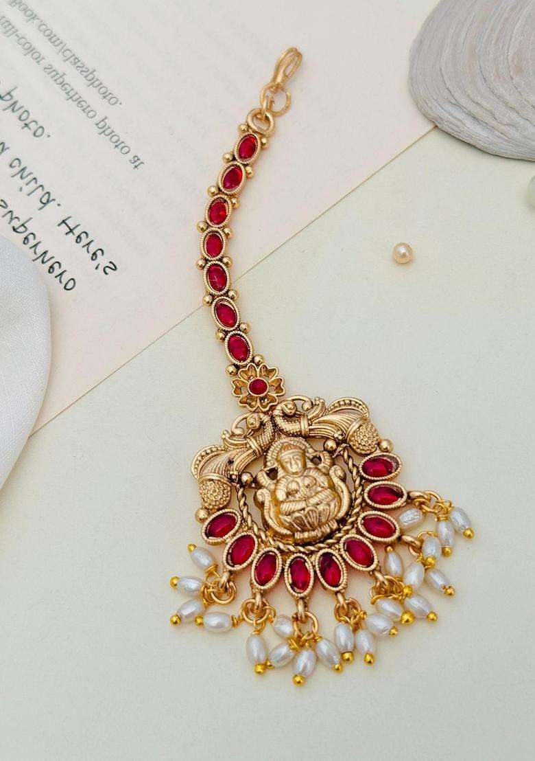 Gold-Plated Stones Studded & Beaded Temple Maang Tikka Head Jewellery for Women | Traditional Temple Jewellery for Wedding & Festive Wear | Gift for Her - Indya