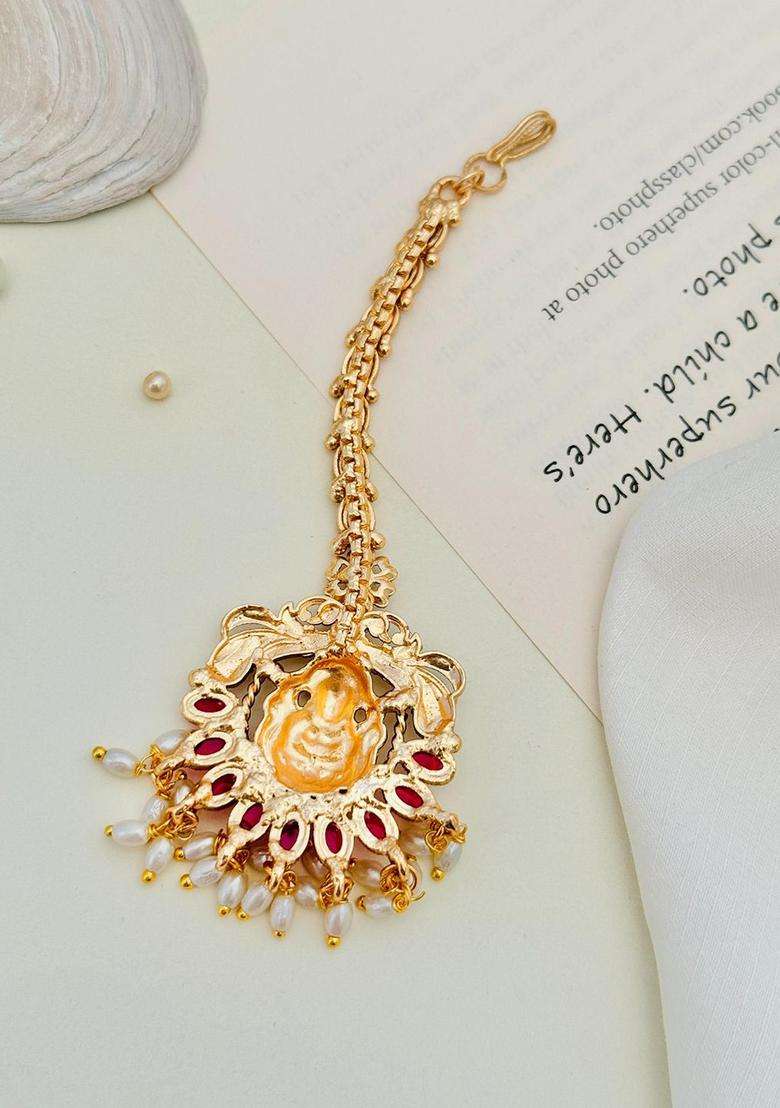 Gold-Plated Stones Studded & Beaded Temple Maang Tikka Head Jewellery for Women | Traditional Temple Jewellery for Wedding & Festive Wear | Gift for Her - Indya