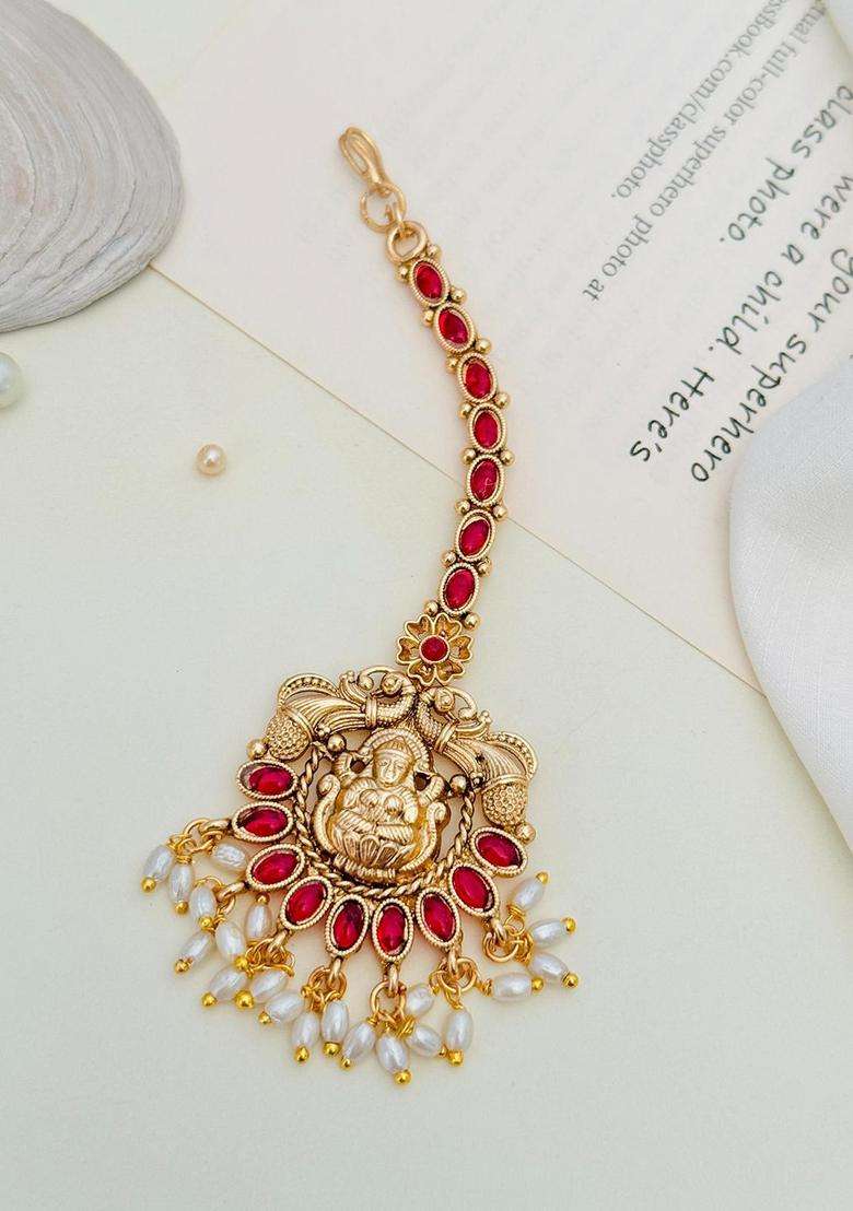 Gold-Plated Stones Studded & Beaded Temple Maang Tikka Head Jewellery for Women | Traditional Temple Jewellery for Wedding & Festive Wear | Gift for Her - Indya