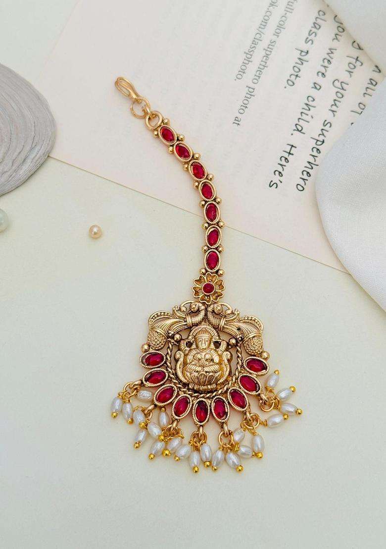 Gold-Plated Stones Studded & Beaded Temple Maang Tikka Head Jewellery for Women | Traditional Temple Jewellery for Wedding & Festive Wear | Gift for Her - Indya