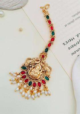 Gold-Plated Stones Studded & Beaded Temple Maang Tikka for Women | Traditional Temple Jewellery for Wedding & Festive Wear | Gift for Her