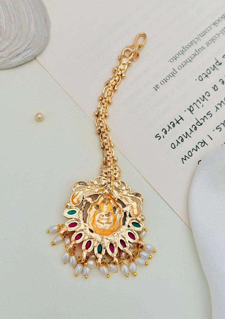 Gold-Plated Stones Studded & Beaded Temple Maang Tikka for Women | Traditional Temple Jewellery for Wedding & Festive Wear | Gift for Her - Indya