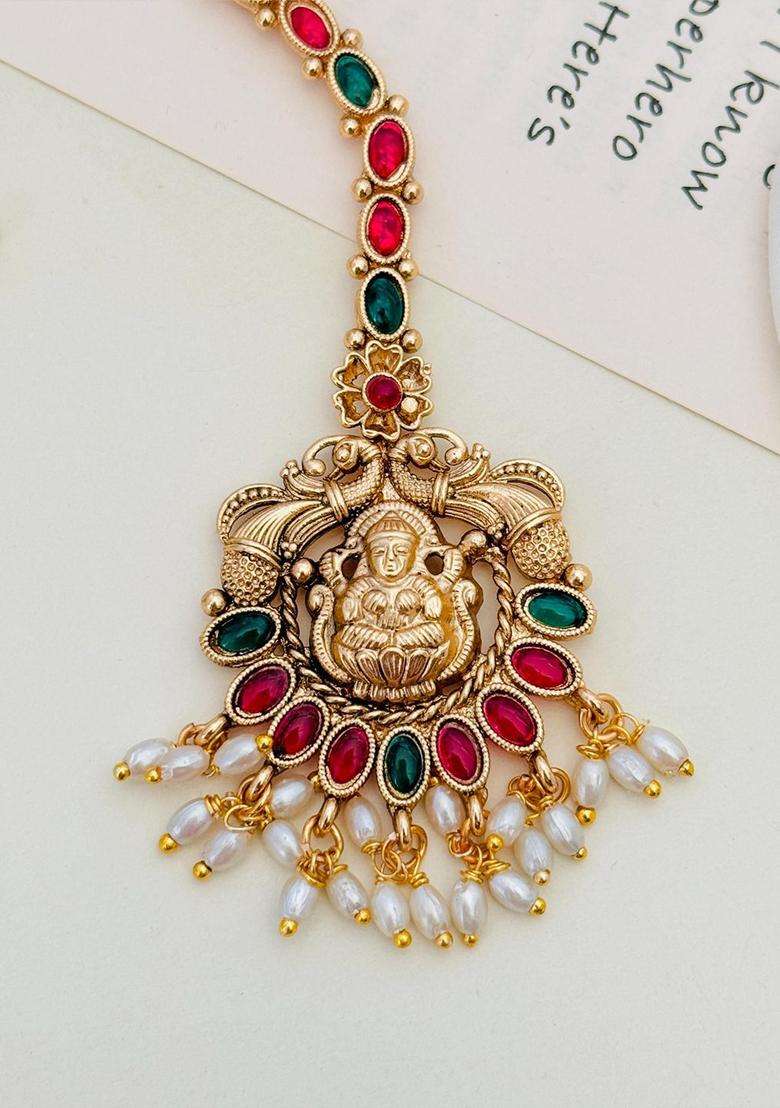 Gold-Plated Stones Studded & Beaded Temple Maang Tikka for Women | Traditional Temple Jewellery for Wedding & Festive Wear | Gift for Her - Indya