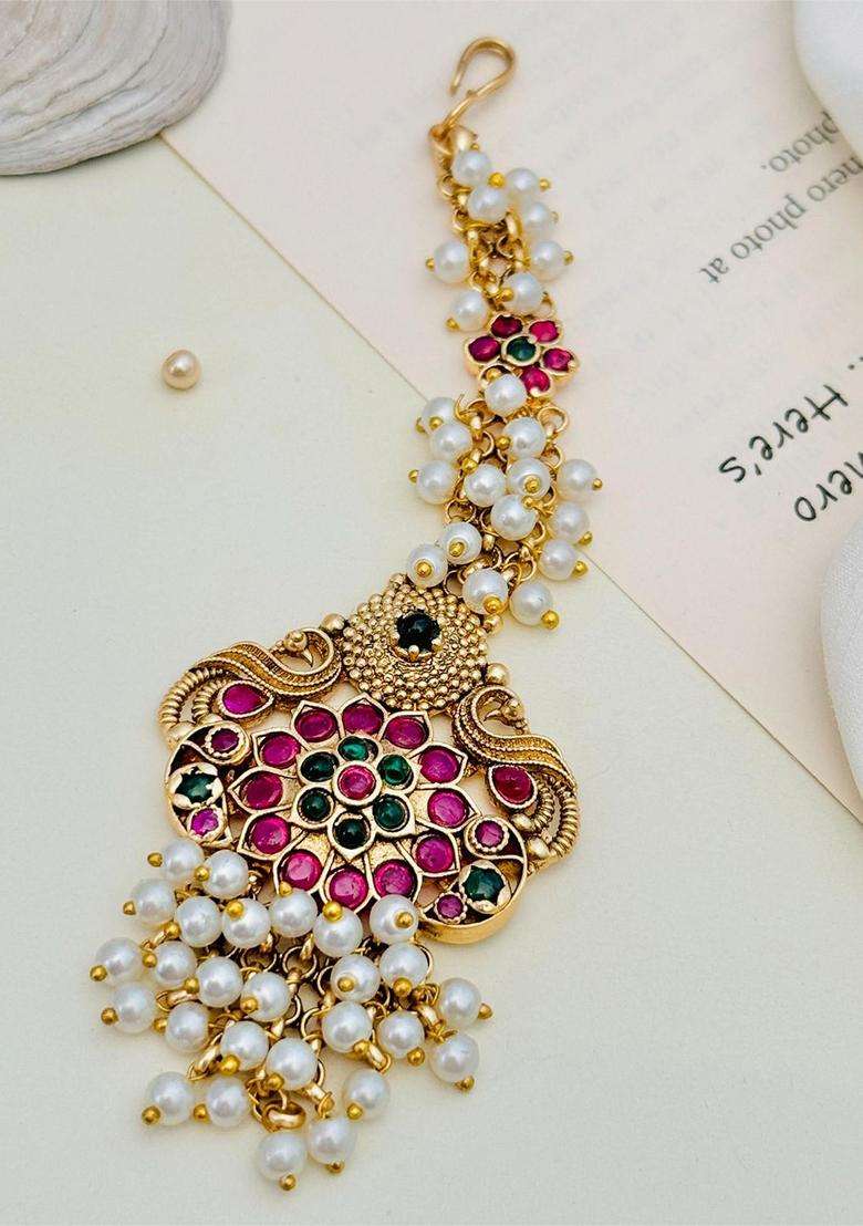 Gold-Plated Stones and Beaded Studded Maang Tikka for Women | Traditional Temple Jewellery for Wedding & Festive Wear | Gift for Her - Indya
