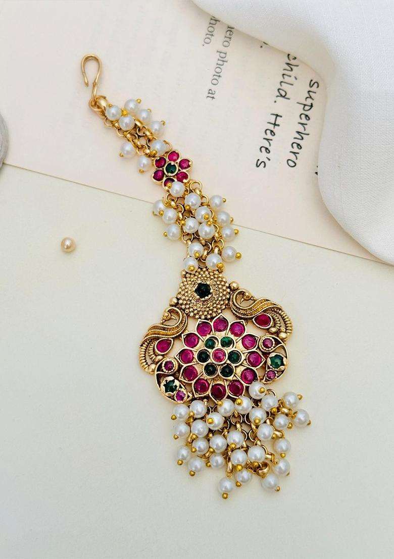 Gold-Plated Stones and Beaded Studded Maang Tikka for Women | Traditional Temple Jewellery for Wedding & Festive Wear | Gift for Her - Indya