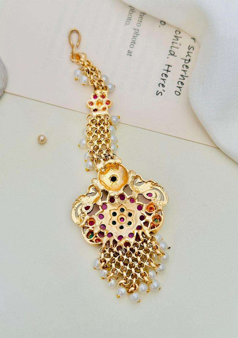 Gold-Plated Stones and Beaded Studded Maang Tikka for Women | Traditional Temple Jewellery for Wedding & Festive Wear | Gift for Her - Indya