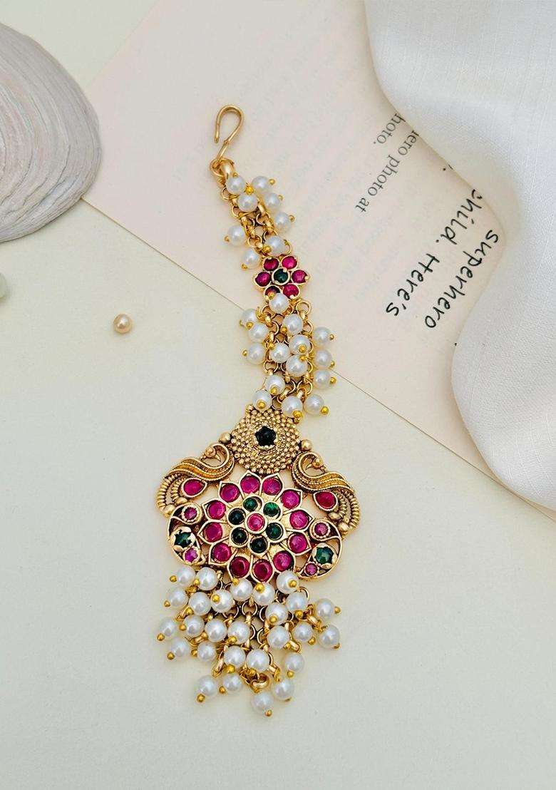 Gold-Plated Stones and Beaded Studded Maang Tikka for Women | Traditional Temple Jewellery for Wedding & Festive Wear | Gift for Her - Indya