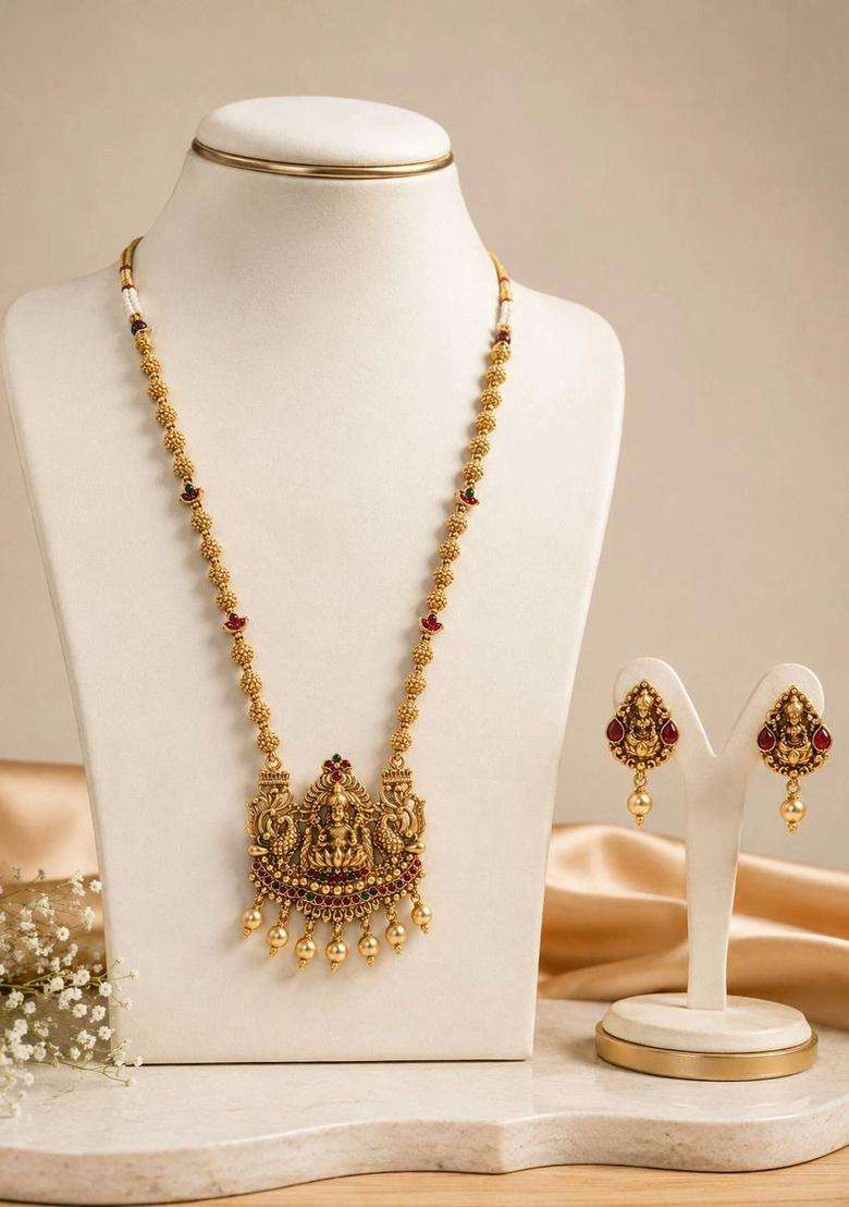 Gold-Plated Lakshmi Pendant Necklace Set for Women | Traditional Temple Jewellery for Wedding & Festive Wear | Gift for Her - Indya