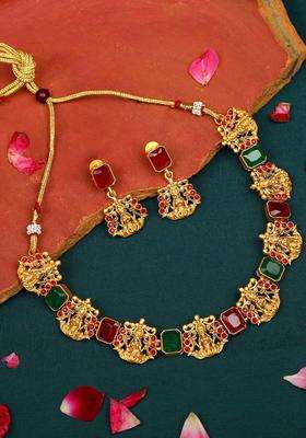 Gold-Plated Red Stone-Studded Temple Jewellery Set for Women | Traditional Temple Jewellery for Wedding & Festive Wear | Gift for Her