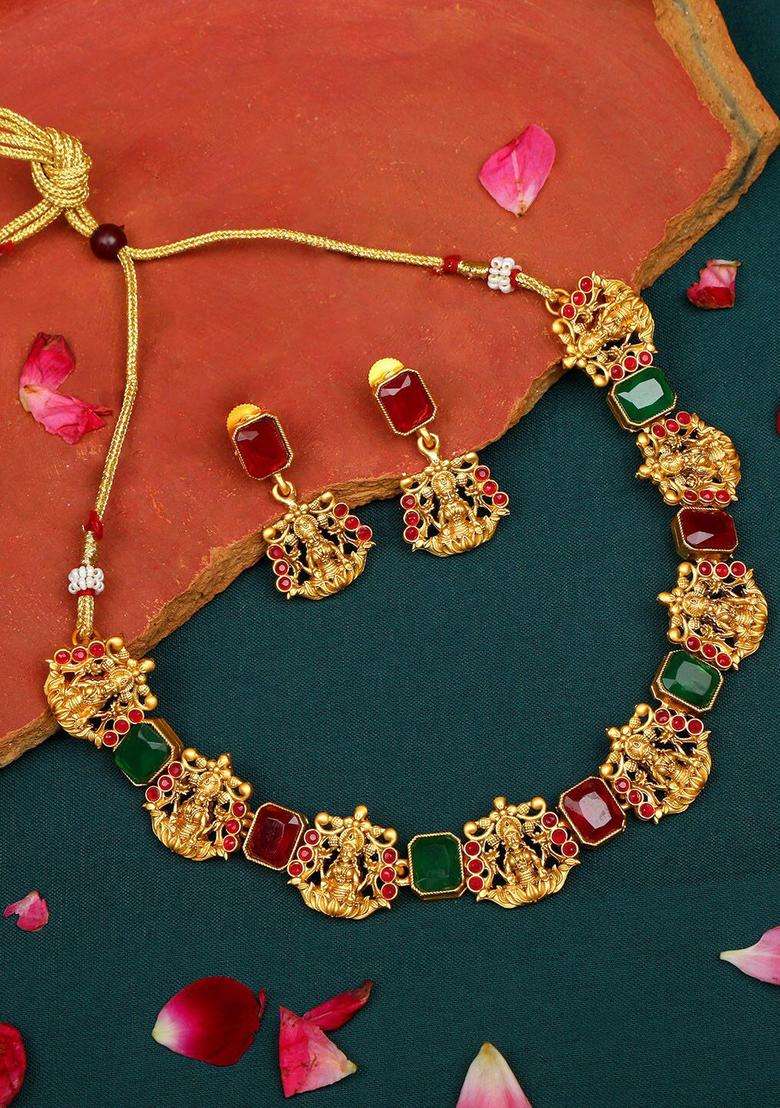 Gold-Plated Red Stone-Studded Temple Jewellery Set for Women | Traditional Temple Jewellery for Wedding & Festive Wear | Gift for Her - Indya