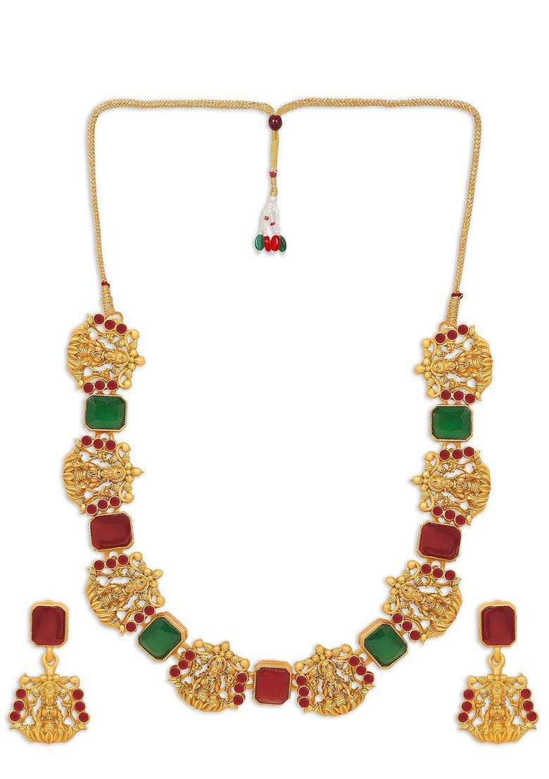 Gold-Plated Red Stone-Studded Temple Jewellery Set for Women | Traditional Temple Jewellery for Wedding & Festive Wear | Gift for Her - Indya