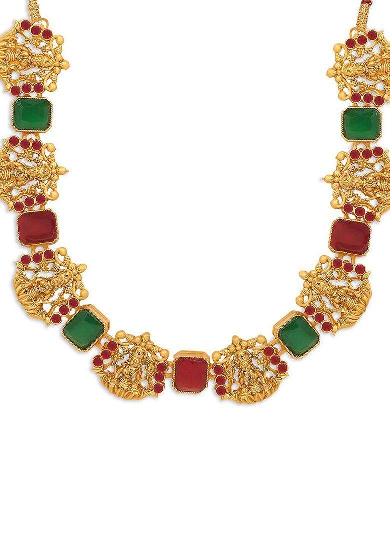 Gold-Plated Red Stone-Studded Temple Jewellery Set for Women | Traditional Temple Jewellery for Wedding & Festive Wear | Gift for Her - Indya