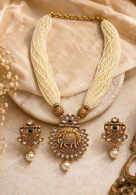 Gold-Plated Artificial Stones Studded and Beaded Temple Necklace and Earrings for Women | Traditional Temple Jewellery for Wedding & Festive Wear | Gift for Her