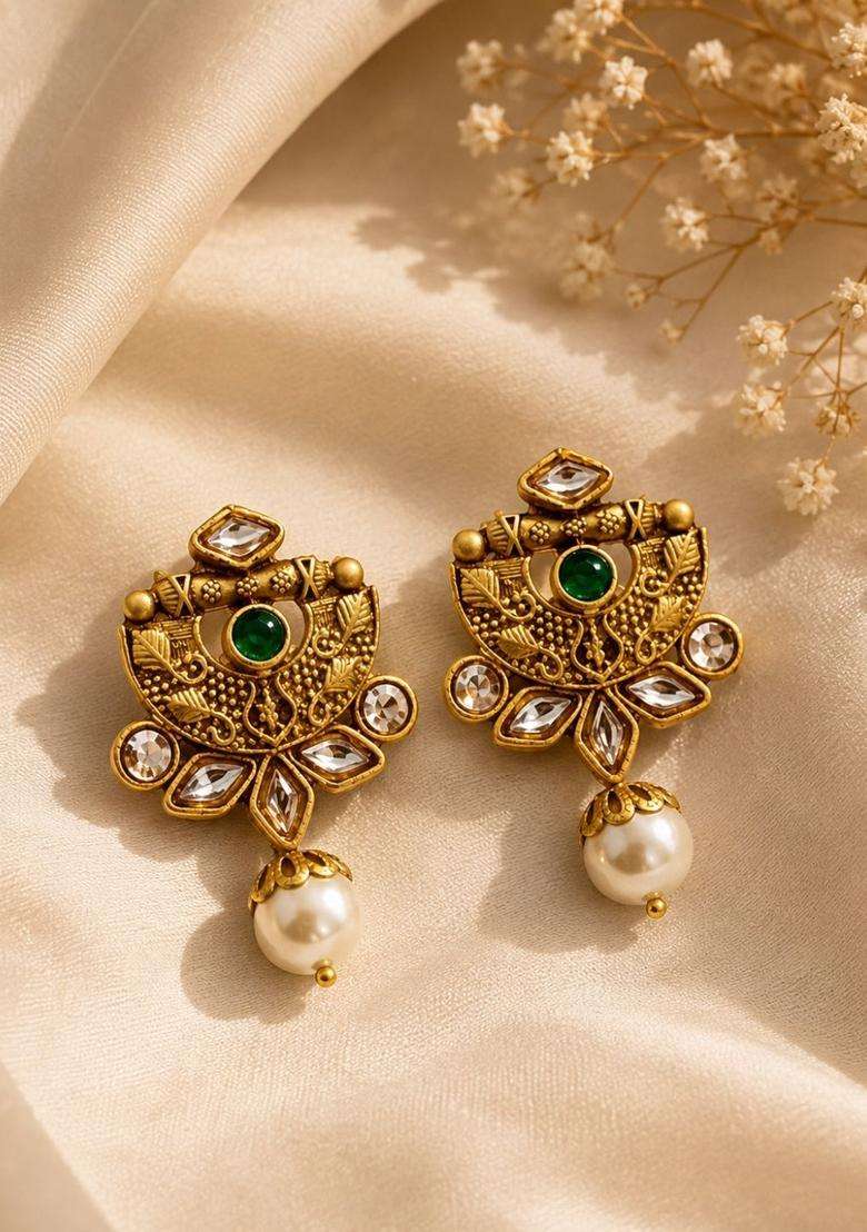 Gold-Plated Artificial Stones Studded and Beaded Temple Necklace and Earrings for Women | Traditional Temple Jewellery for Wedding & Festive Wear | Gift for Her - Indya