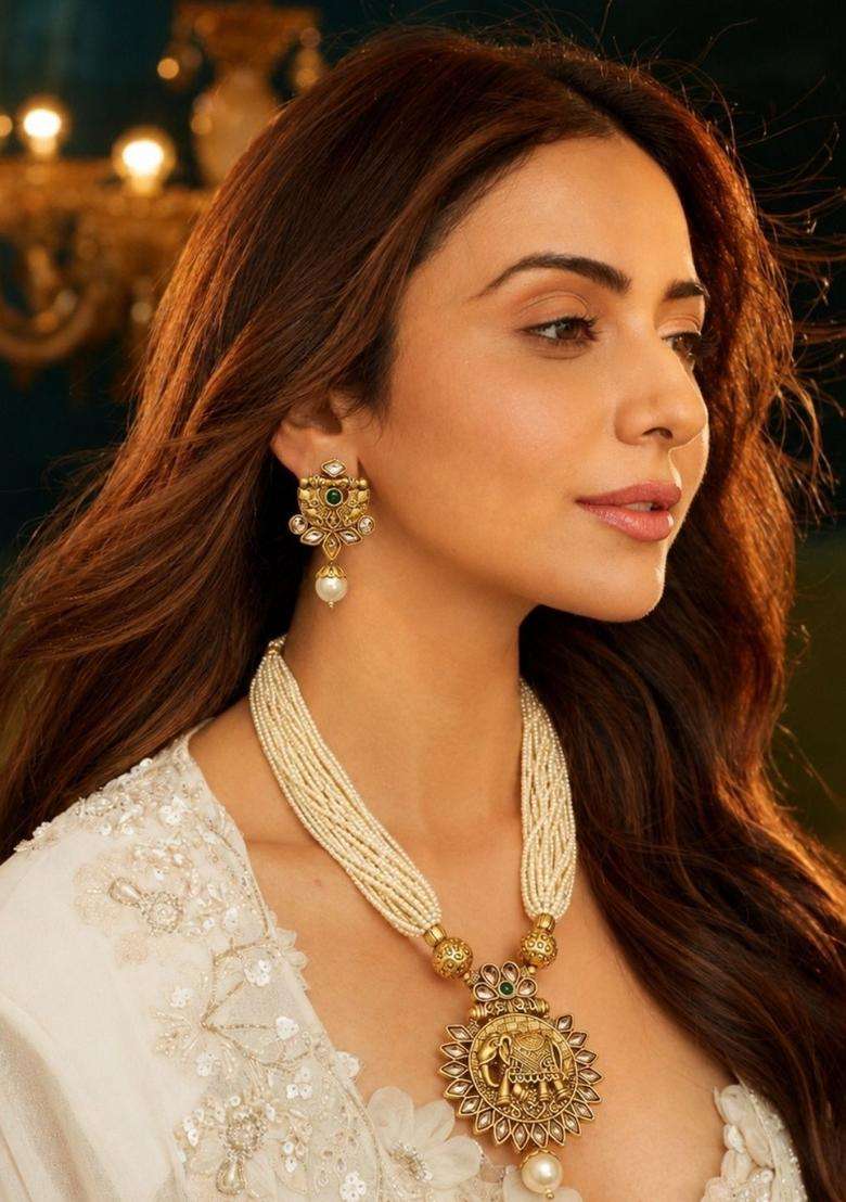 Gold-Plated Artificial Stones Studded and Beaded Temple Necklace and Earrings for Women | Traditional Temple Jewellery for Wedding & Festive Wear | Gift for Her - Indya