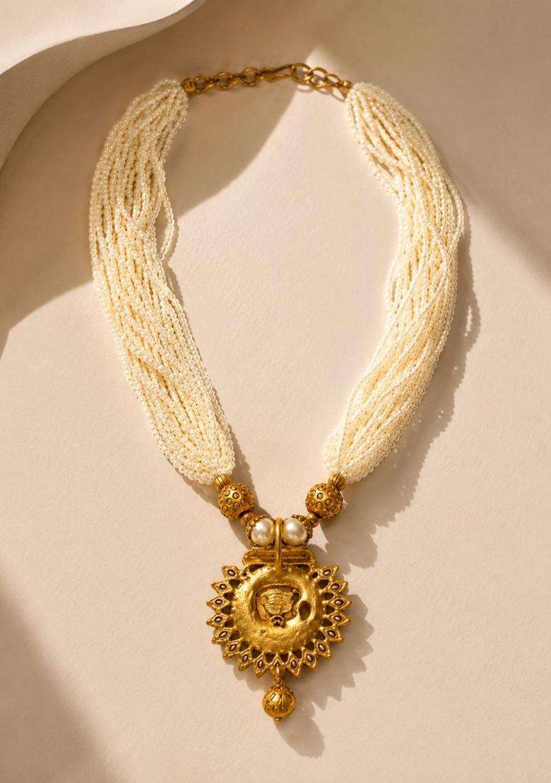 Gold-Plated Artificial Stones Studded and Beaded Temple Necklace and Earrings for Women | Traditional Temple Jewellery for Wedding & Festive Wear | Gift for Her - Indya