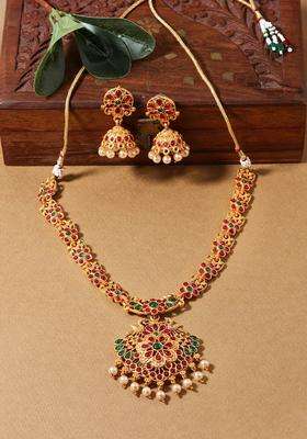 Gold-Plated Red & Green Stone-Studded Jewellery Set for Women | Traditional Temple Jewellery for Wedding & Festive Wear | Gift for Her