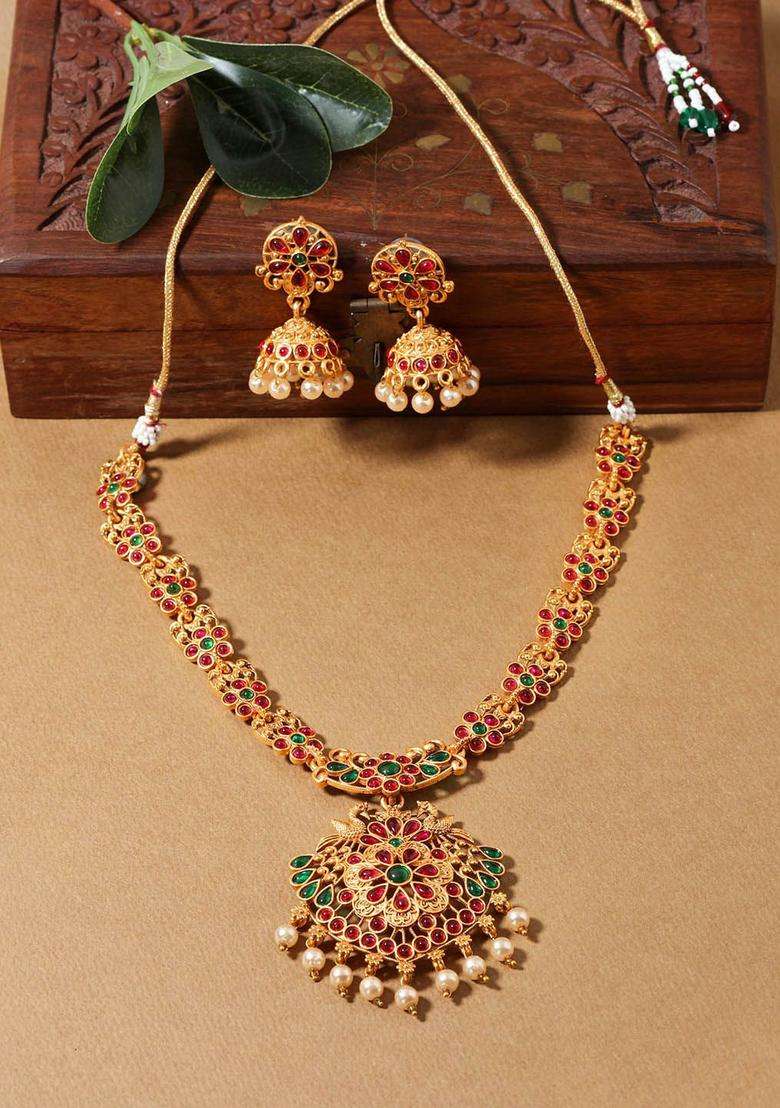 Gold-Plated Red & Green Stone-Studded Jewellery Set for Women | Traditional Temple Jewellery for Wedding & Festive Wear | Gift for Her - Indya