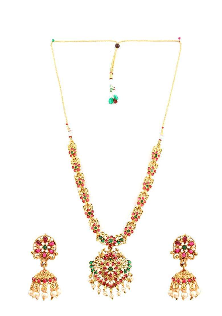 Gold-Plated Red & Green Stone-Studded Jewellery Set for Women | Traditional Temple Jewellery for Wedding & Festive Wear | Gift for Her - Indya