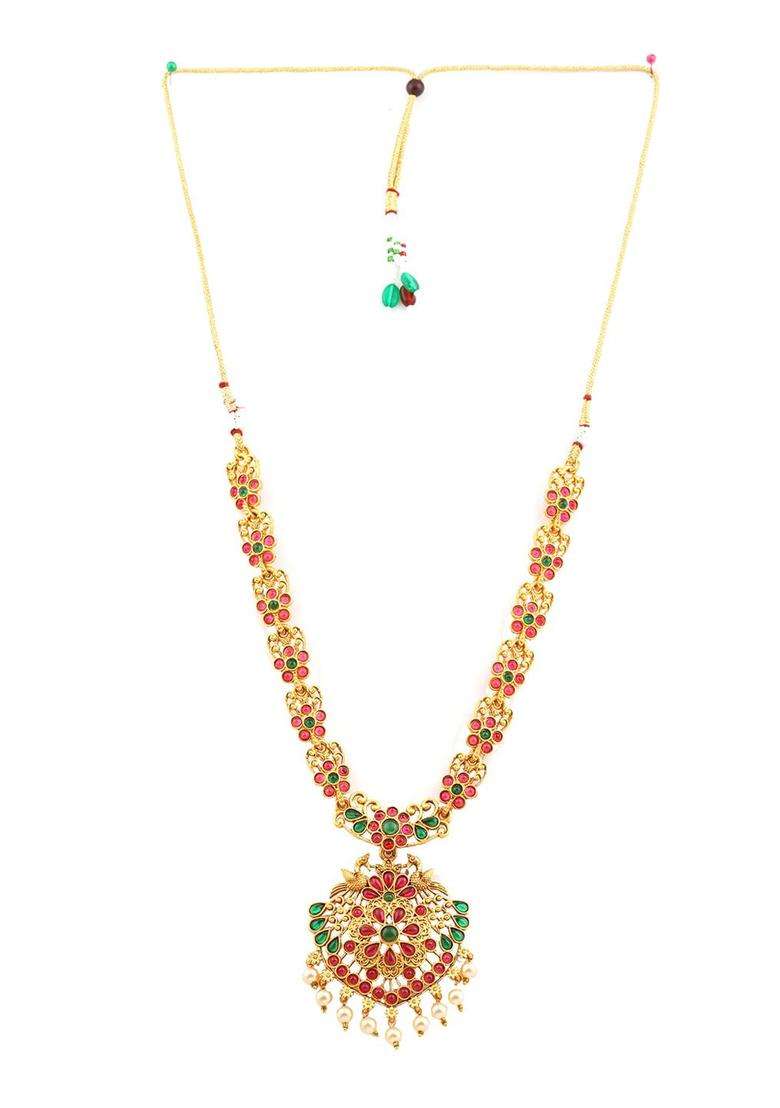 Gold-Plated Red & Green Stone-Studded Jewellery Set for Women | Traditional Temple Jewellery for Wedding & Festive Wear | Gift for Her - Indya