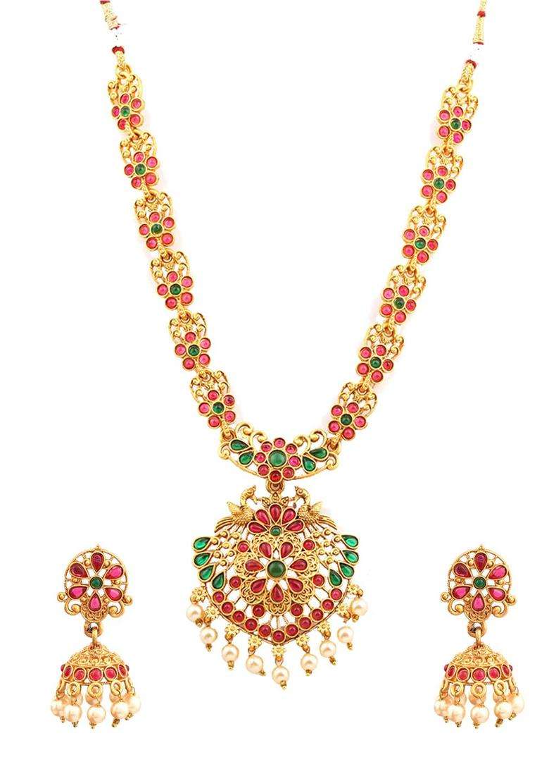 Gold-Plated Red & Green Stone-Studded Jewellery Set for Women | Traditional Temple Jewellery for Wedding & Festive Wear | Gift for Her - Indya