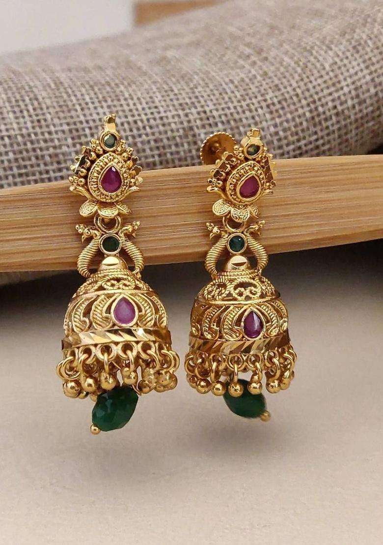 Gold-Plated Jhumkas Earrings for Women | Traditional Temple Jewellery for Wedding & Festive Wear | Gift for Her - Indya