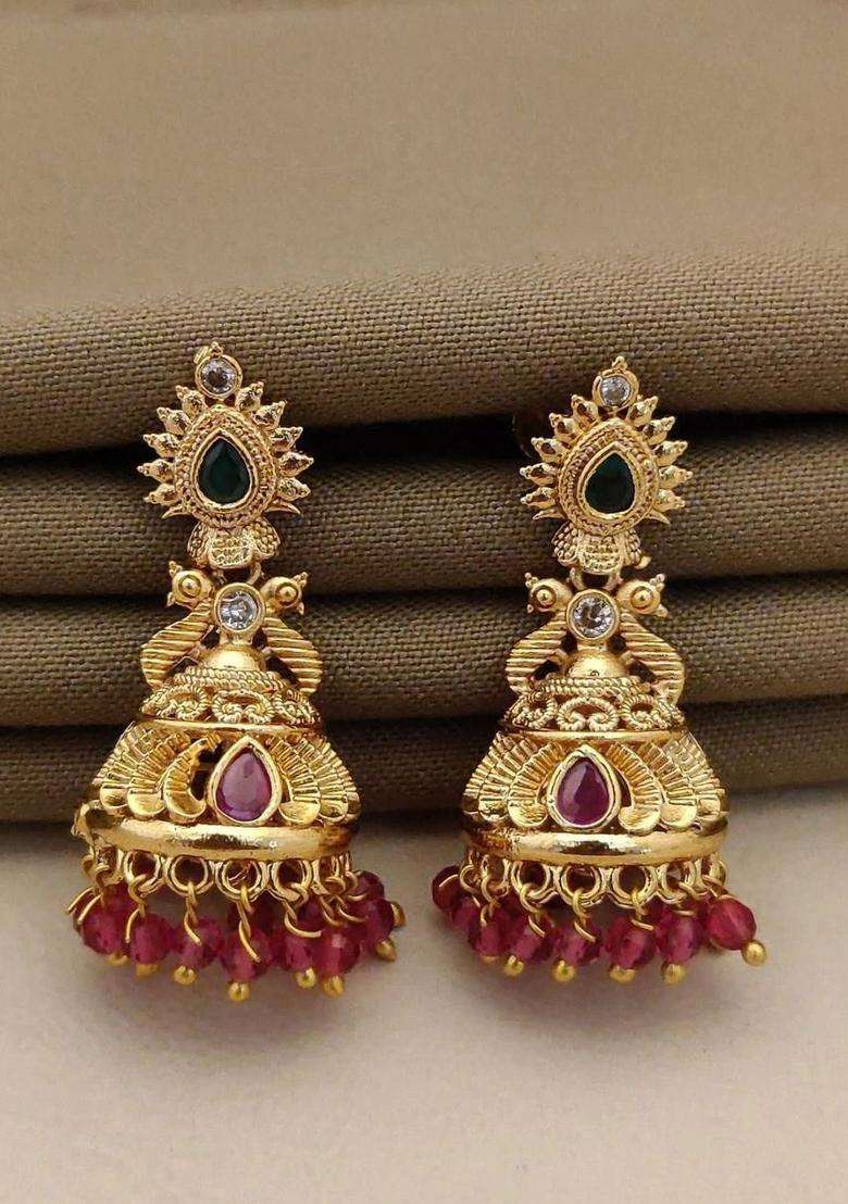 Gold-Plated Teardrop Shaped Jhumkas Earrings for Women | Traditional Temple Jewellery for Wedding & Festive Wear | Gift for Her - Indya