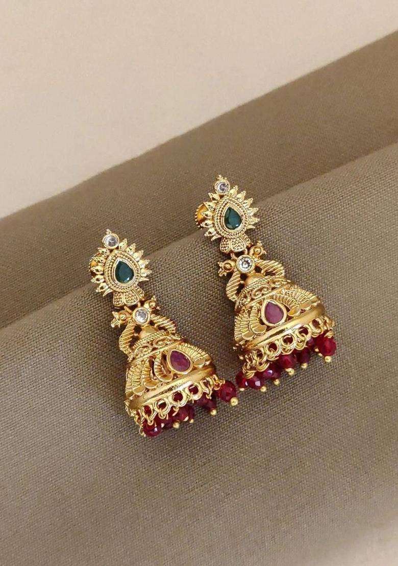 Gold-Plated Teardrop Shaped Jhumkas Earrings for Women | Traditional Temple Jewellery for Wedding & Festive Wear | Gift for Her - Indya
