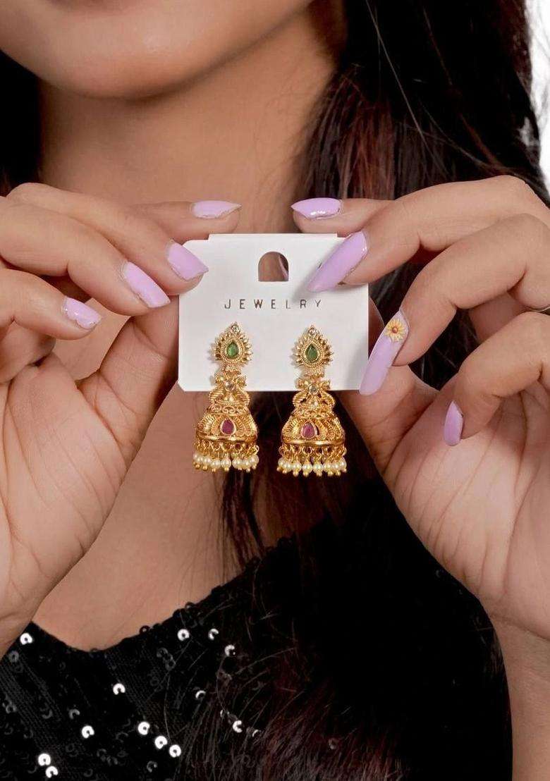Gold-Plated Floral Jhumkas Earrings for Women | Traditional Temple Jewellery for Wedding & Festive Wear | Gift for Her - Indya