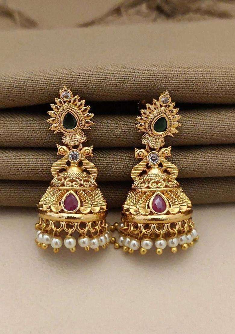 Gold-Plated Floral Jhumkas Earrings for Women | Traditional Temple Jewellery for Wedding & Festive Wear | Gift for Her - Indya