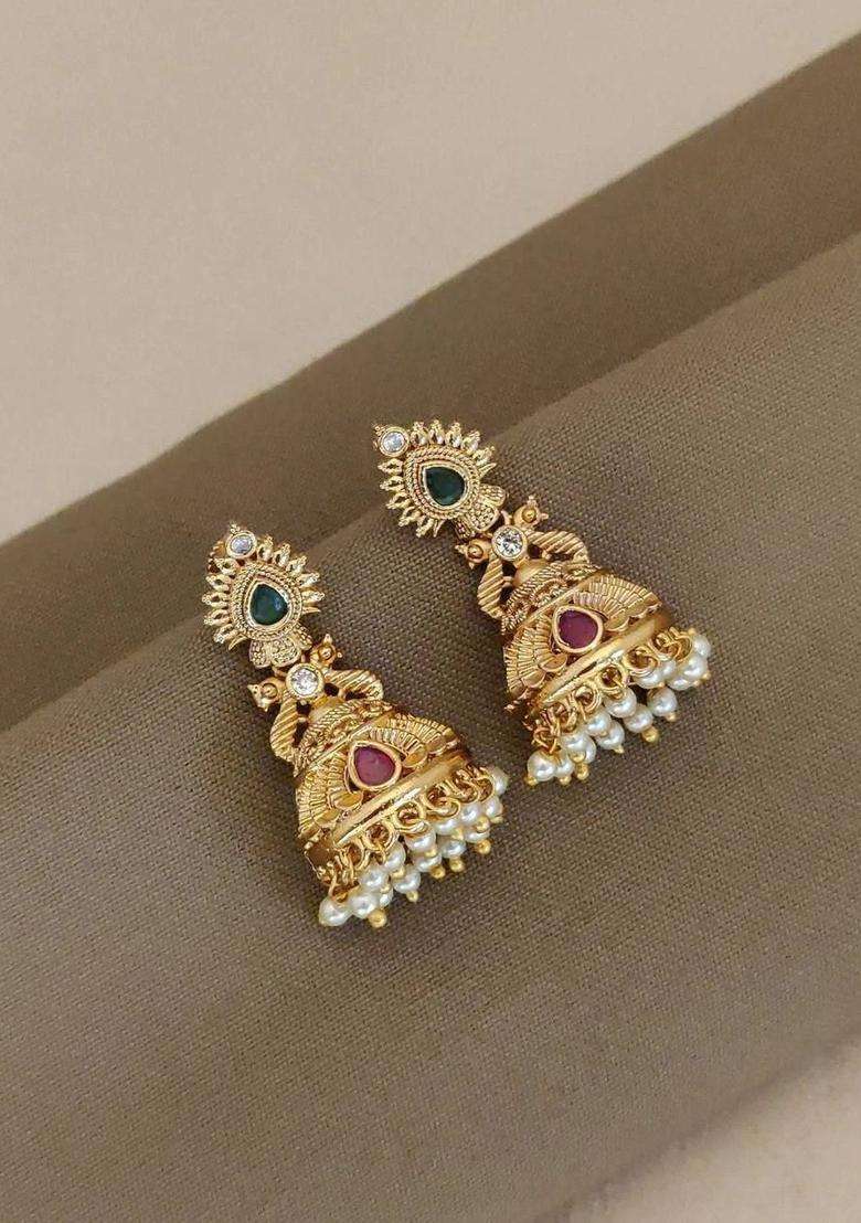 Gold-Plated Floral Jhumkas Earrings for Women | Traditional Temple Jewellery for Wedding & Festive Wear | Gift for Her - Indya