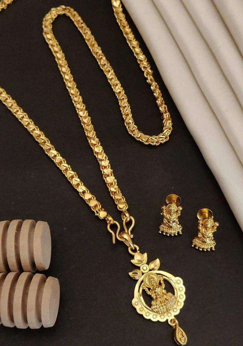 Gold-Plated Temple American Diamond Pendant and Earrings for Women | Traditional Temple Jewellery for Wedding & Festive Wear | Gift for Her - Indya