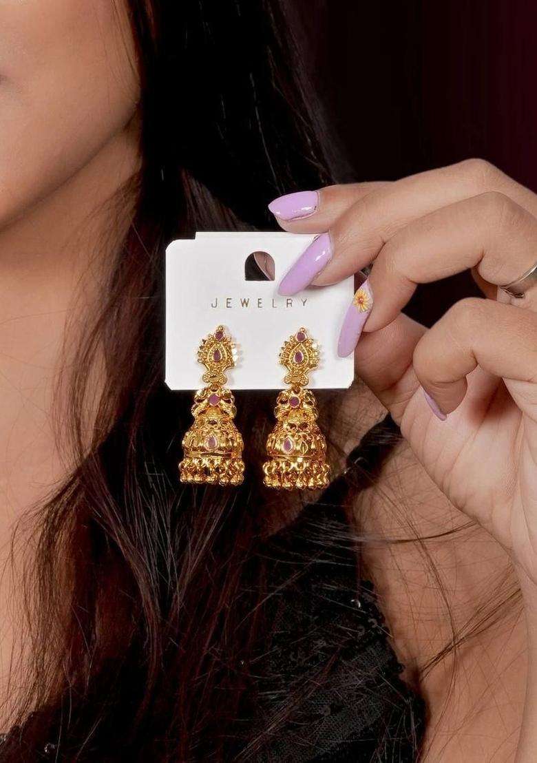 Gold-Plated Geometric Jhumkas Earrings for Women | Traditional Temple Jewellery for Wedding & Festive Wear | Gift for Her - Indya