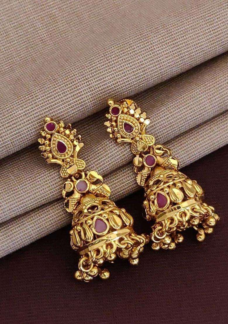 Gold-Plated Geometric Jhumkas Earrings for Women | Traditional Temple Jewellery for Wedding & Festive Wear | Gift for Her - Indya