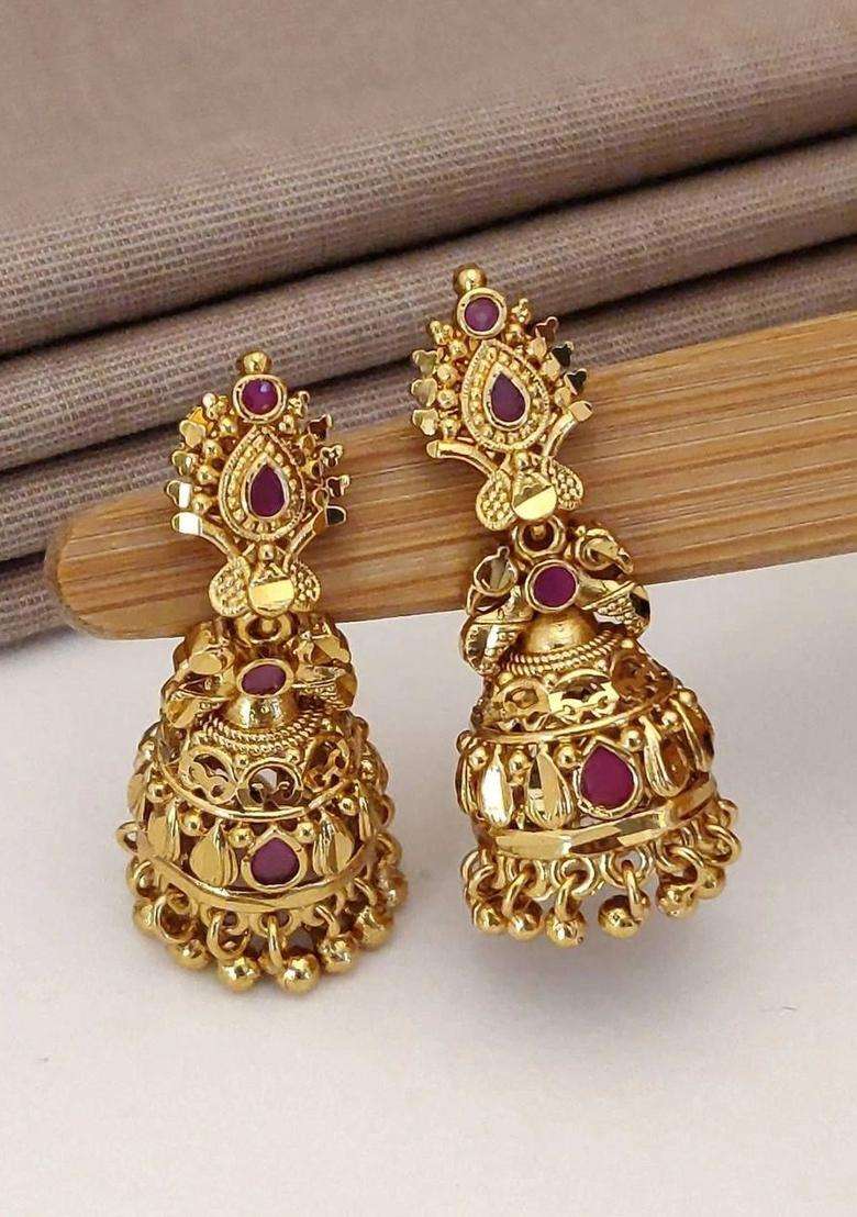 Gold-Plated Geometric Jhumkas Earrings for Women | Traditional Temple Jewellery for Wedding & Festive Wear | Gift for Her - Indya
