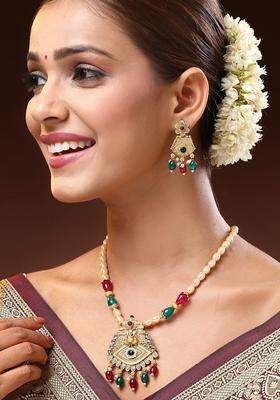 22K Gold-Plated Lord Ganesh Kundan Studded & Beaded Jewellery Set with Pearl for Women | Traditional Temple Jewellery for Wedding & Festive Wear | Gift for Her